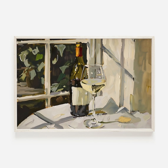 White Wine Bottle Glass Window Light Still Life Painting Poster