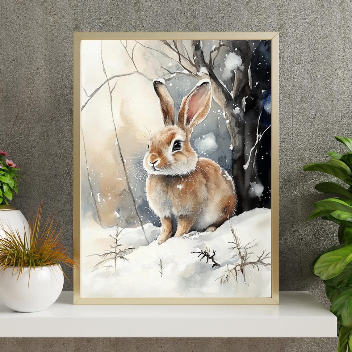 Winter Bunny Rabbit In Snowy Forest Rustic Watercolor Portrait Poster - Image 6