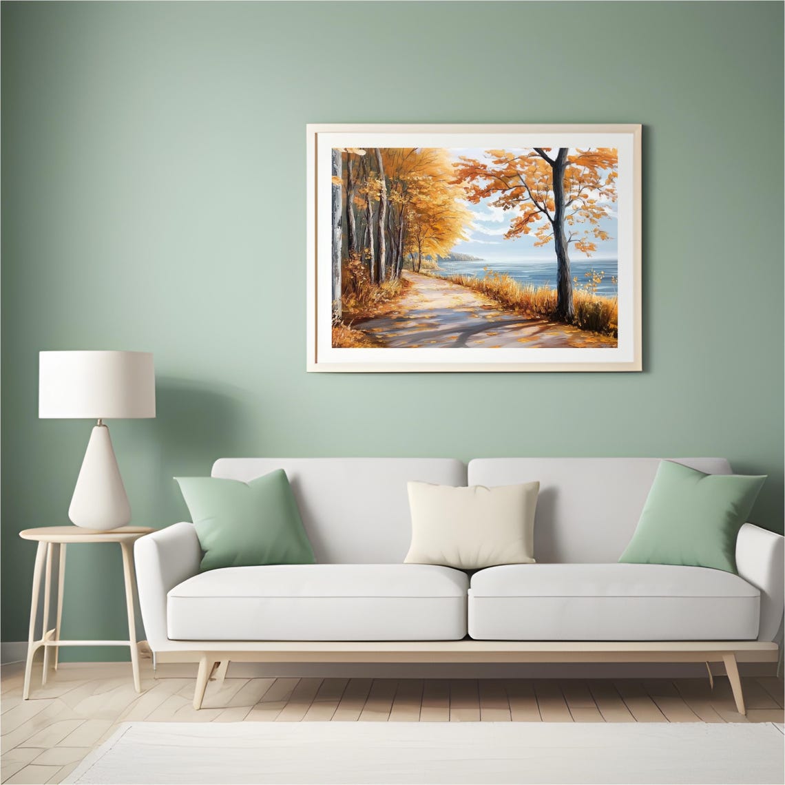 Autumn Path Along Blue Lake Orange Trees Fall Foliage Landscape Poster - Image 5