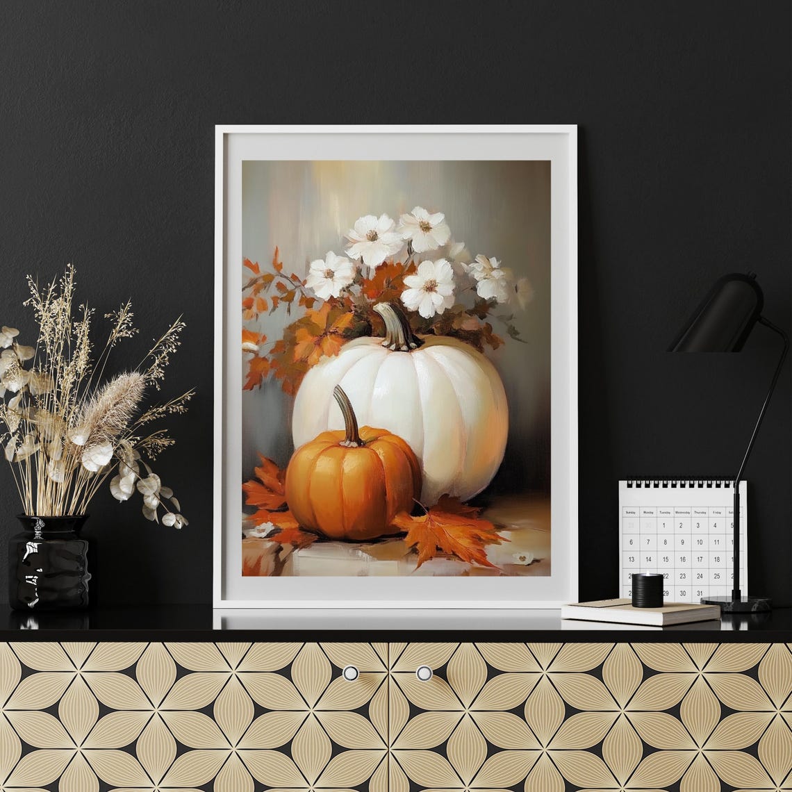 White and Orange Pumpkins with Autumn Flowers Still Life Poster - Image 4