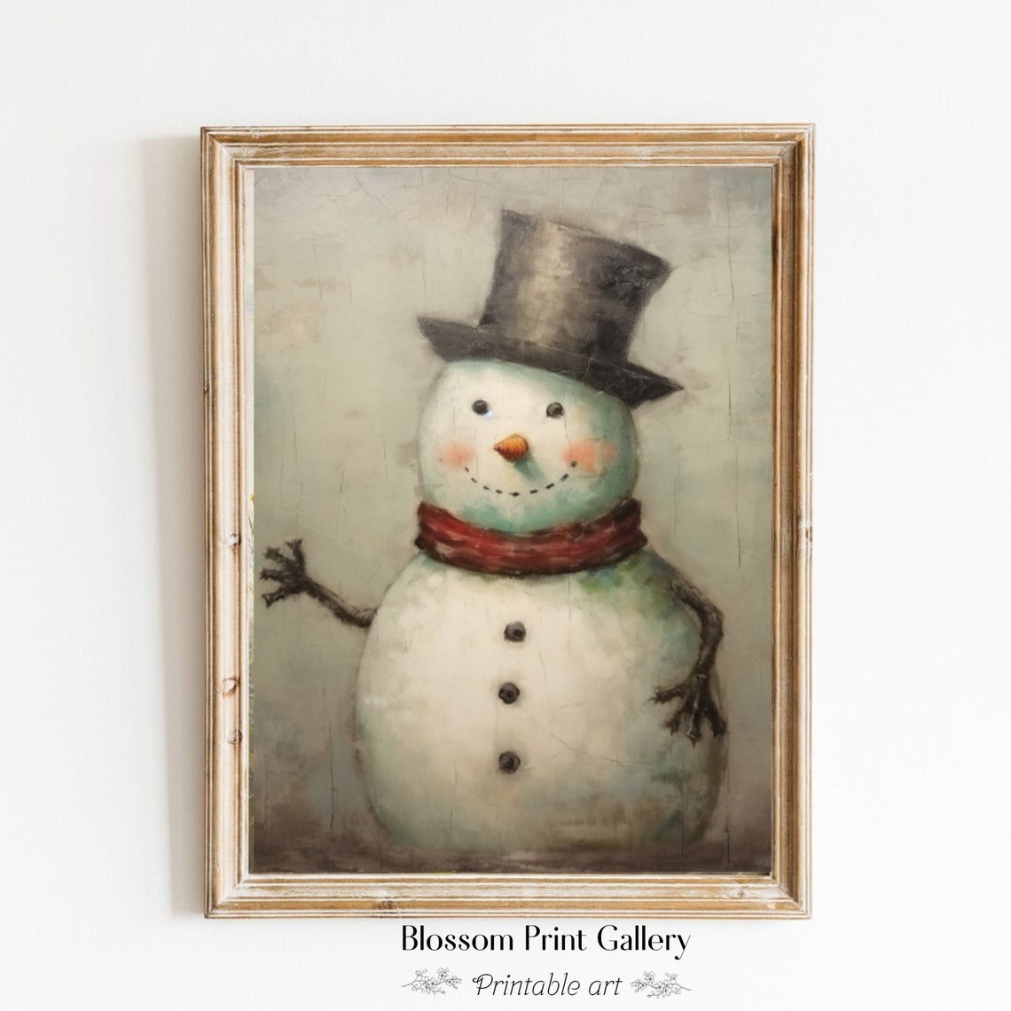 Vintage Snowman With Top Hat And Red Scarf On Cracked Plaster Poster