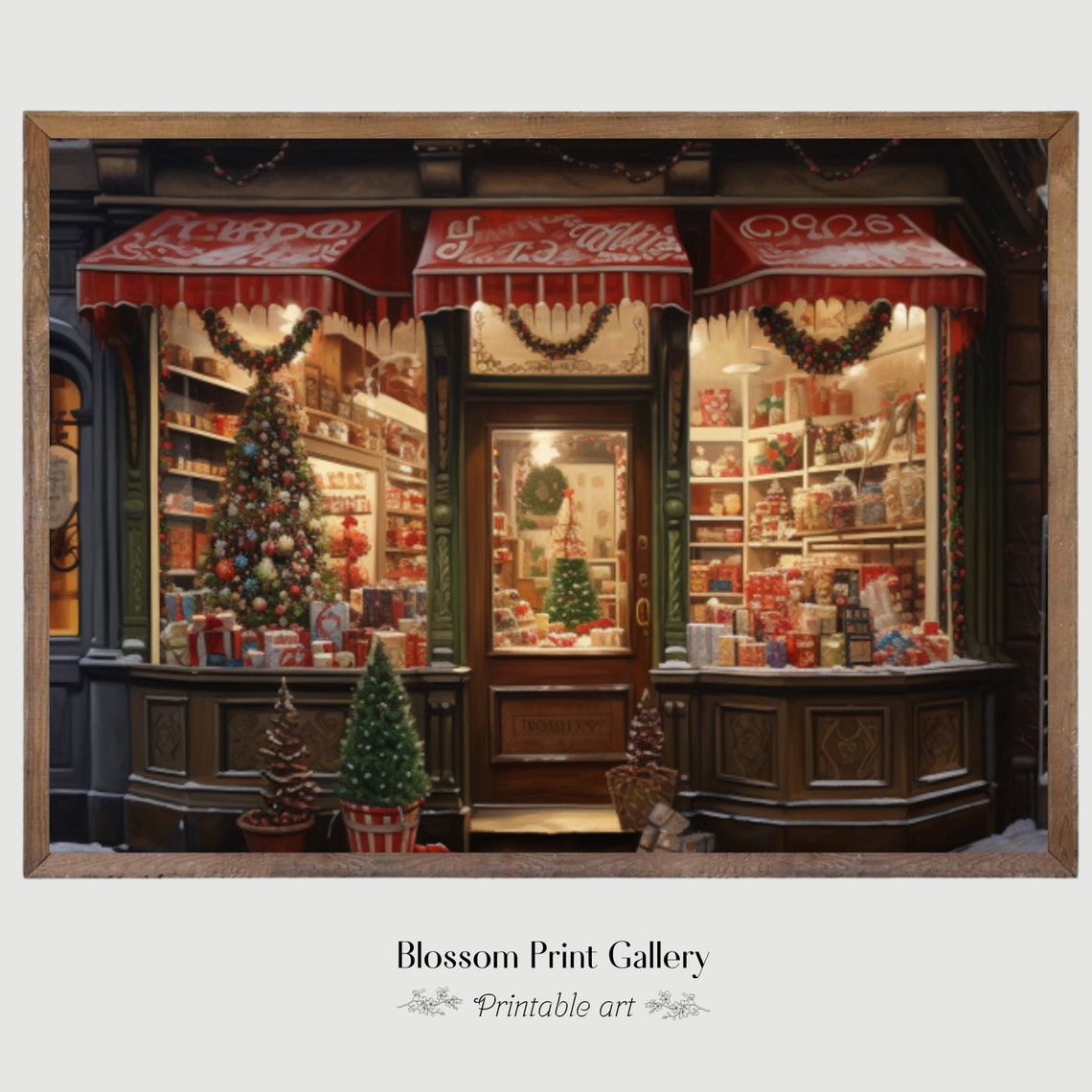 Vintage Christmas Storefront with Red Awnings Holiday Poster - Image 6
