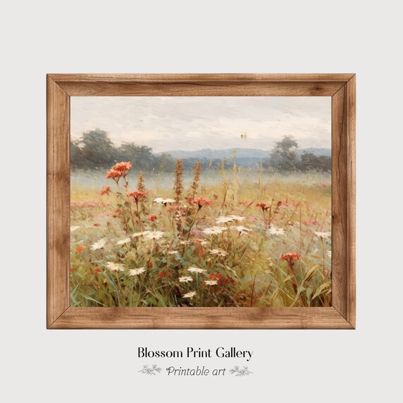 Soft Wildflower Meadow Daisies Neutral Calm Floral Landscape Poster