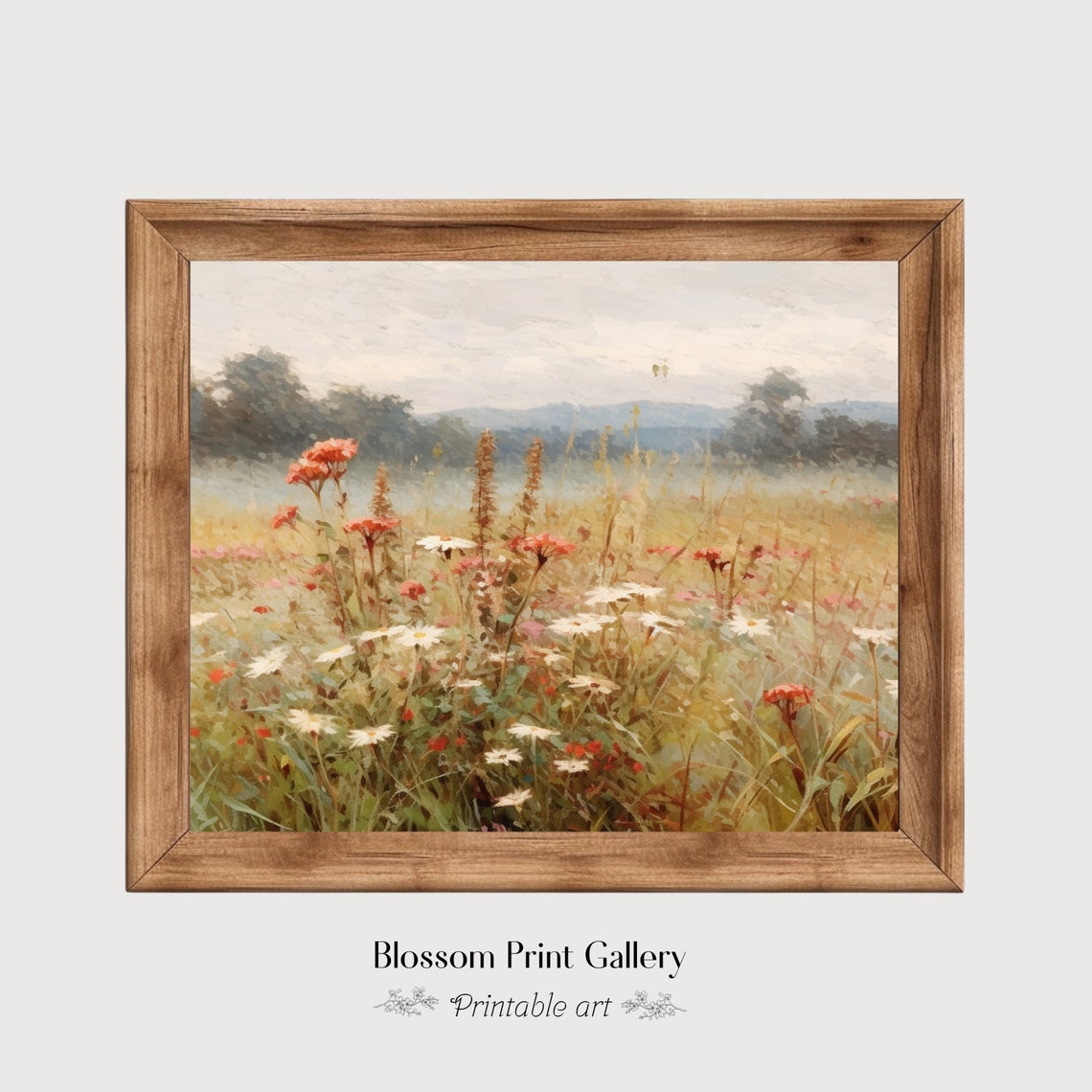 Soft Wildflower Meadow Daisies Neutral Calm Floral Landscape Poster