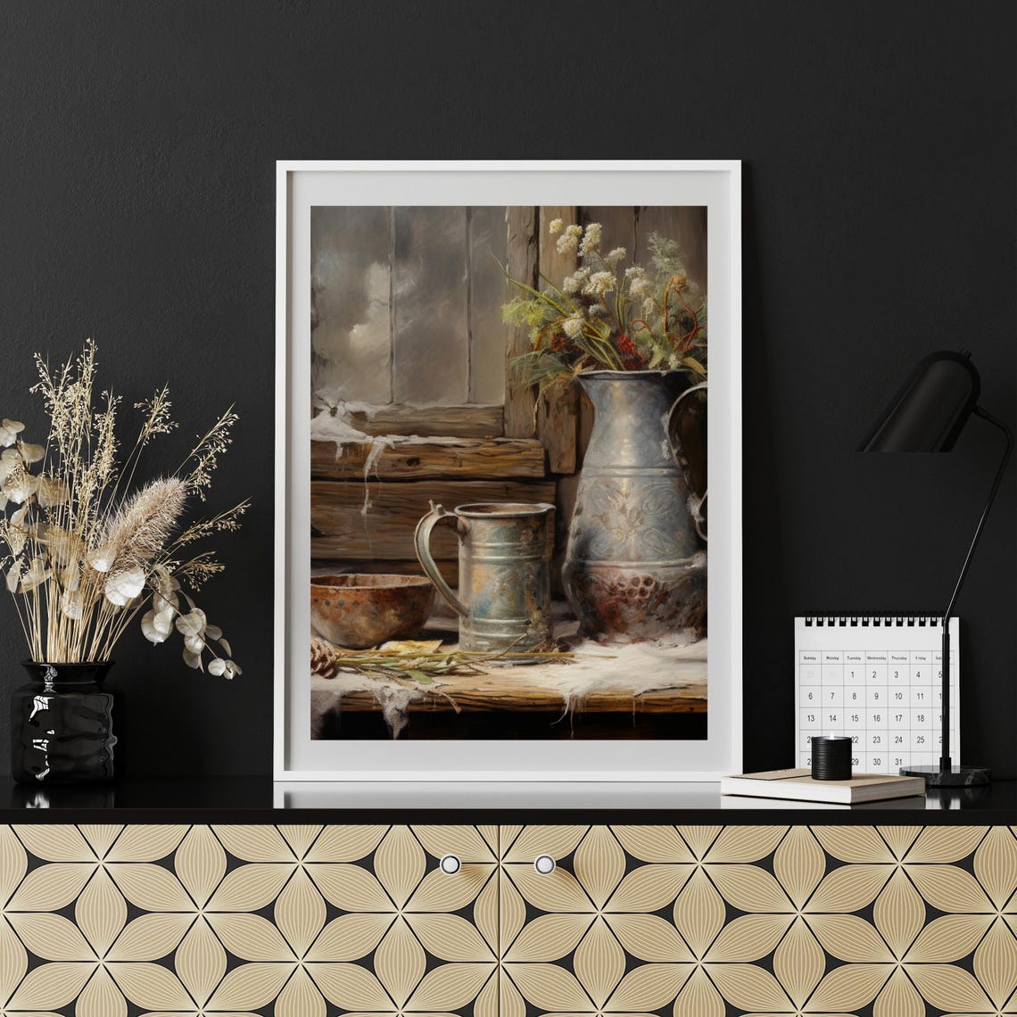 Weathered Metal Pitchers With Wildflowers On A Snowy Ledge Print - Image 6