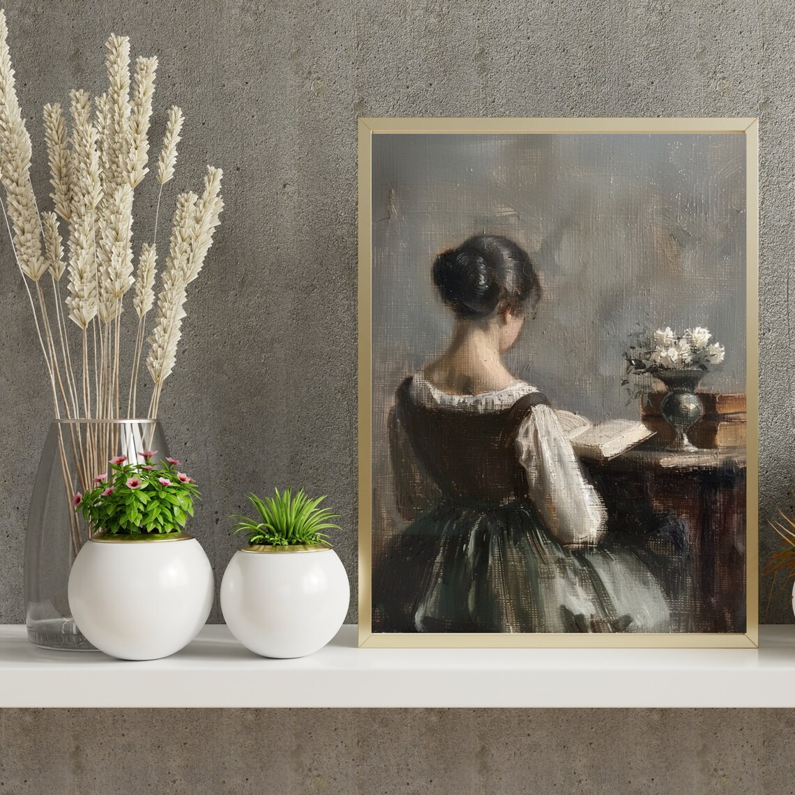 Vintage Woman Reading a Book Muted Antique Portrait Painting Poster - Image 2