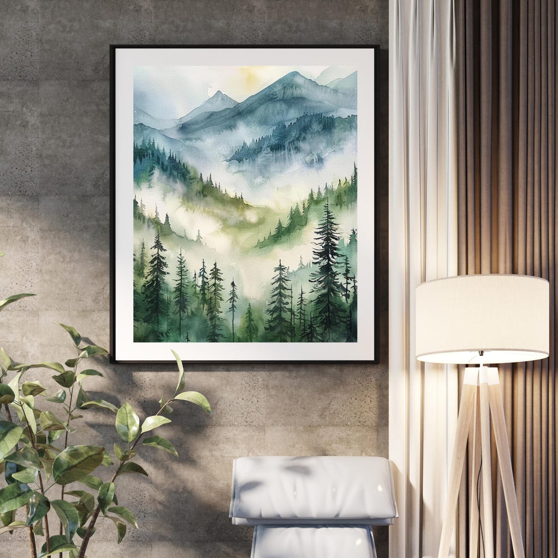 Misty Mountain Forest Watercolor Foggy Peaks Landscape Poster - Image 2