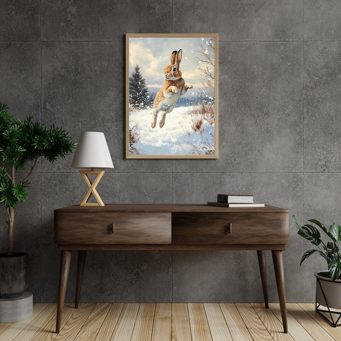Leaping Rabbit In Falling Snow Winter Wildlife Painting Poster - Image 2