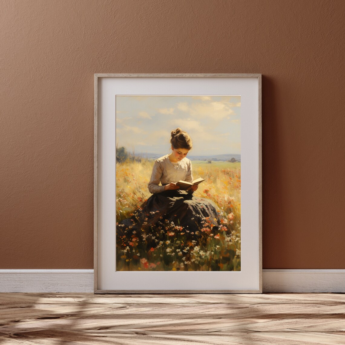Vintage Woman Reading Book In Wildflower Field Sunny Oil Painting Poster - Image 6