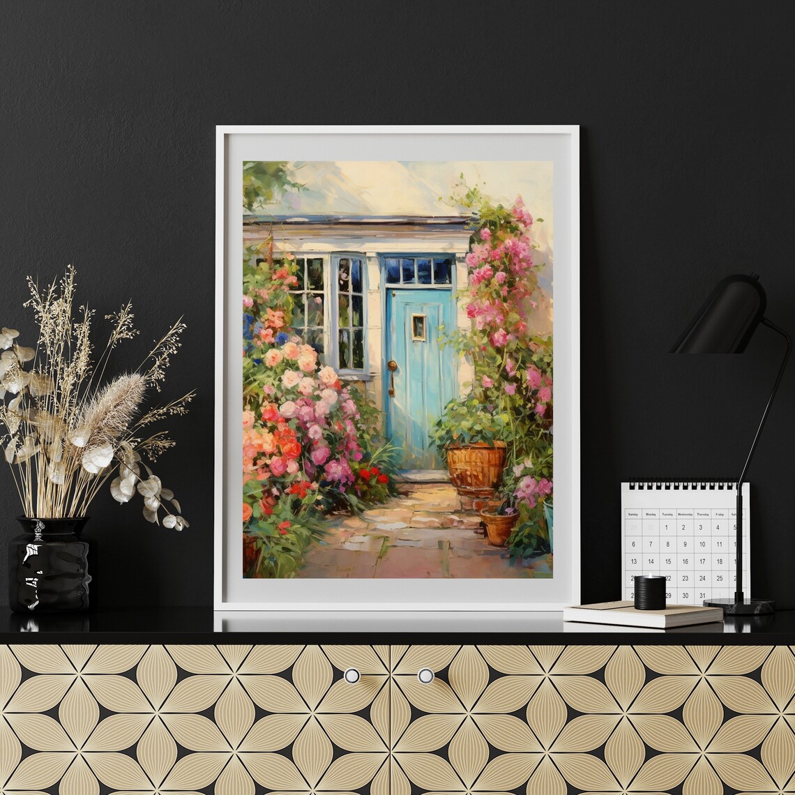 Charming Blue Cottage Door with Climbing Pink Roses Garden Poster - Image 6
