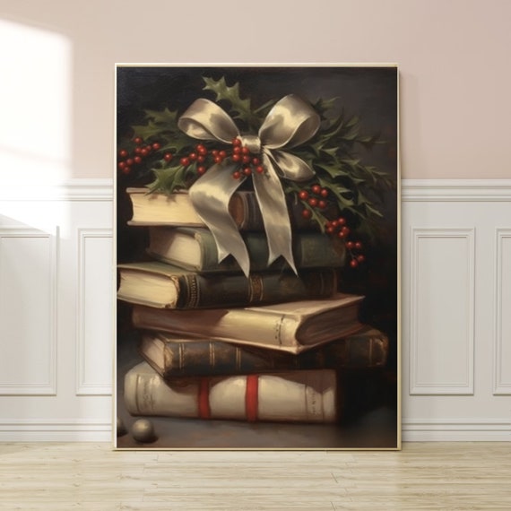 Rustic Winter Decor Wall Art Book Art Still Life Moody Wall Art Vintage Christmas Oil Painting Holiday Decor