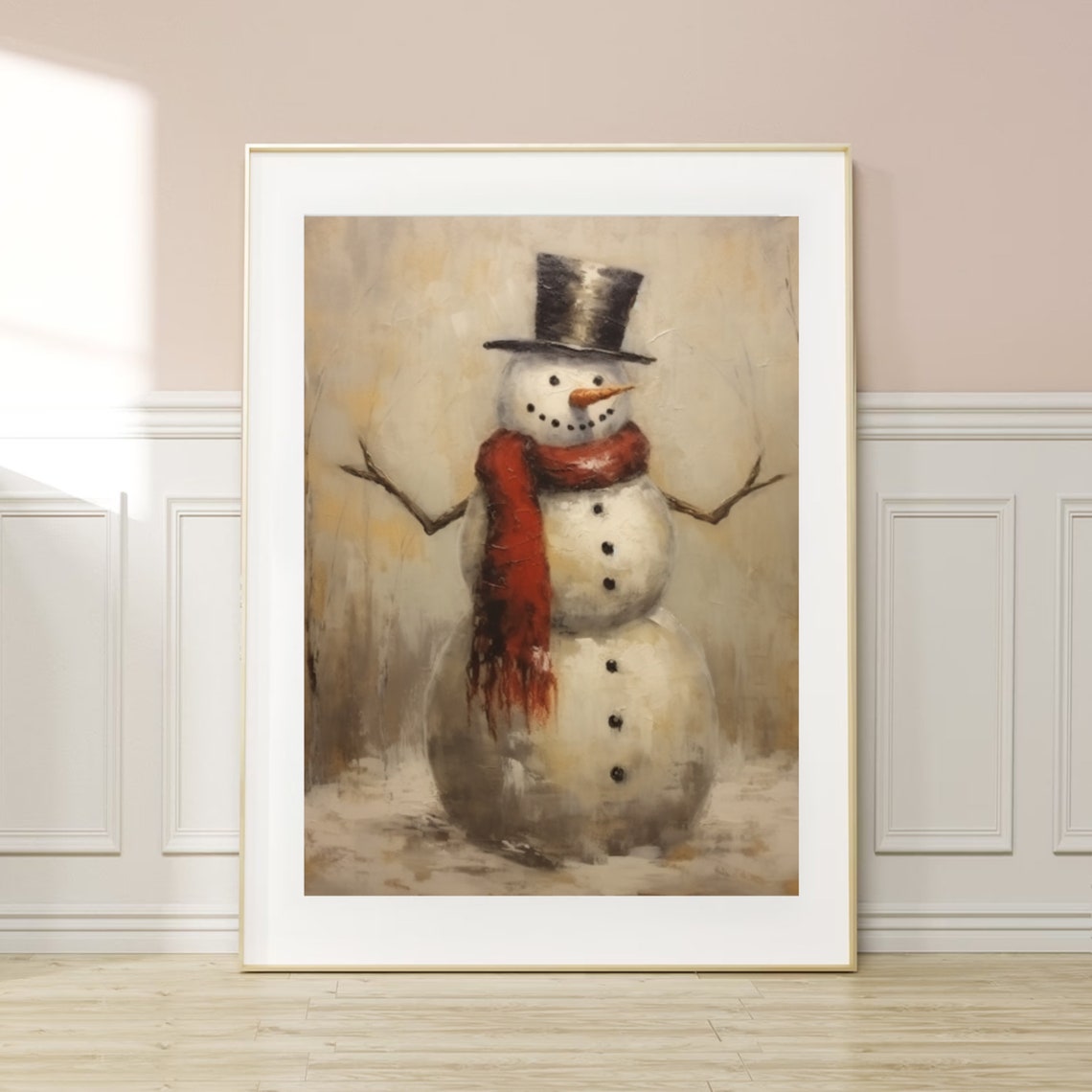 Vintage Snowman in a Top Hat and Red Scarf Christmas Wall Art
