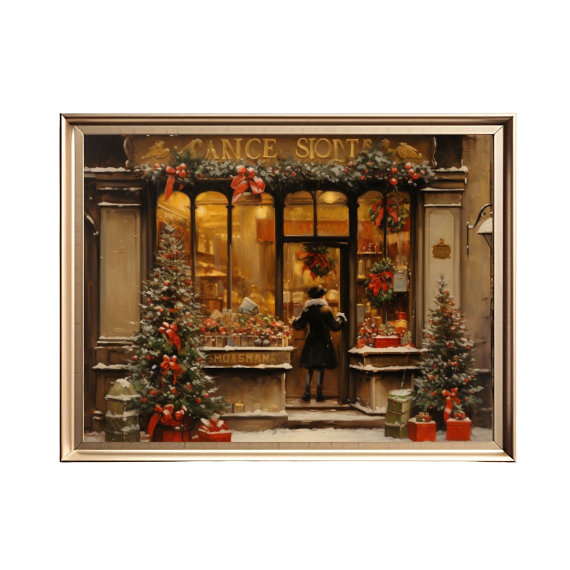 Vintage Christmas Shop Storefront Snowy Night Holiday Painting Poster