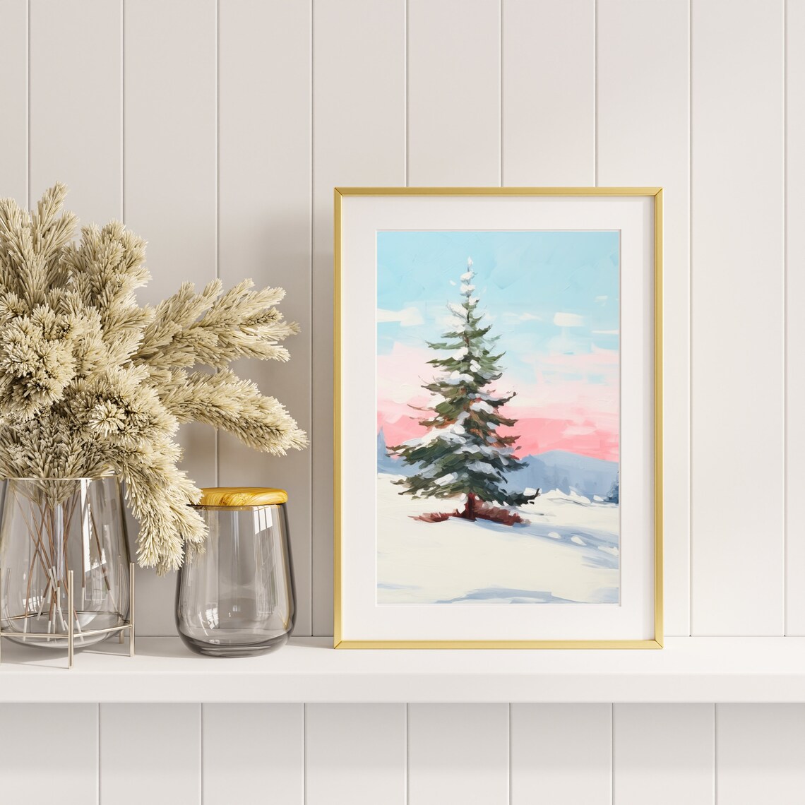 Snowy Pine Tree Pink Sunset Winter Landscape Painting Poster - Image 4