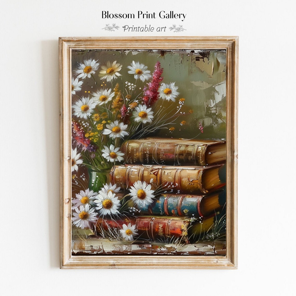 White Daisies with Stacked Antique Books Floral Artwork Poster - Image 6