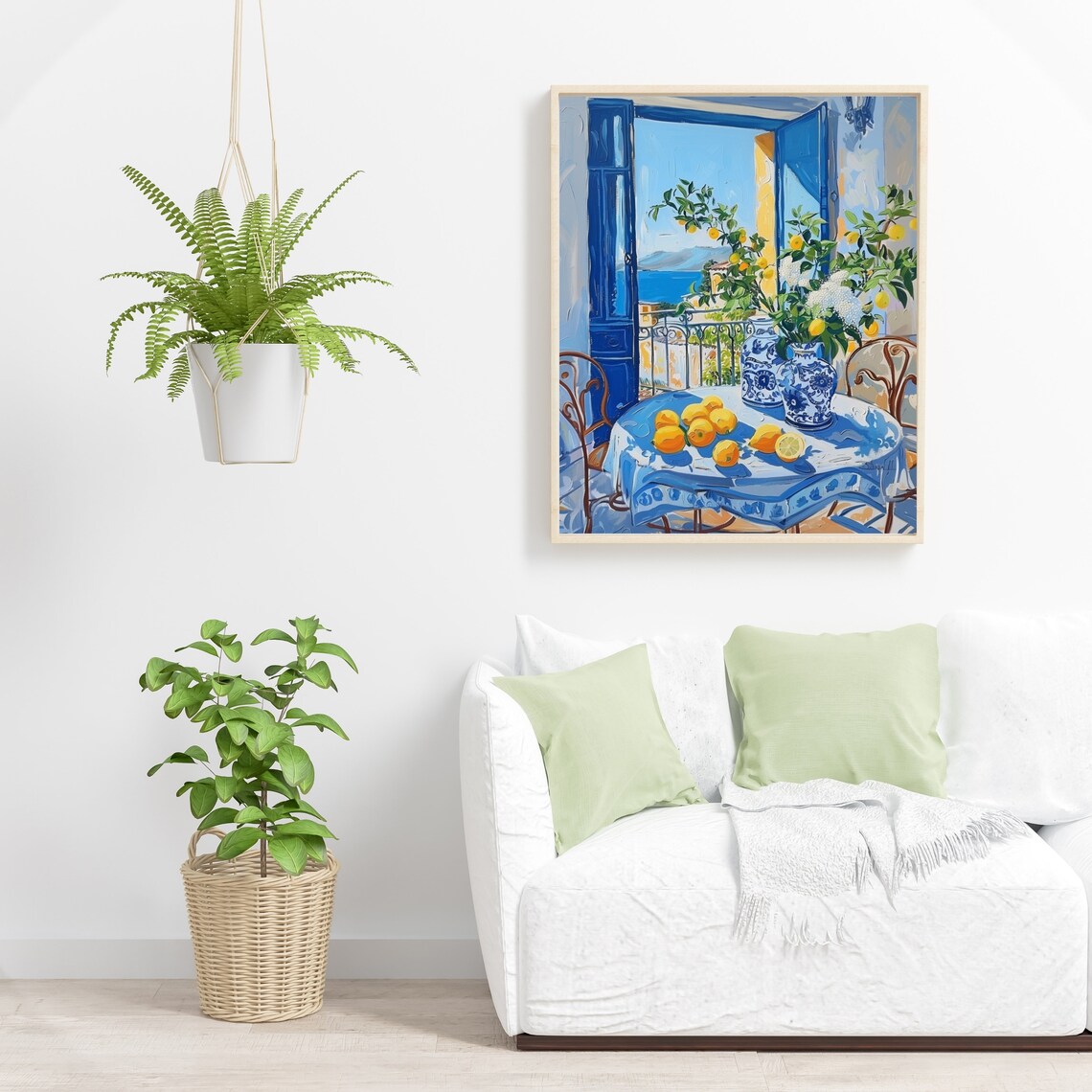 Sunny Mediterranean Balcony with Lemons and Blue Shutters Painting Poster - Image 5