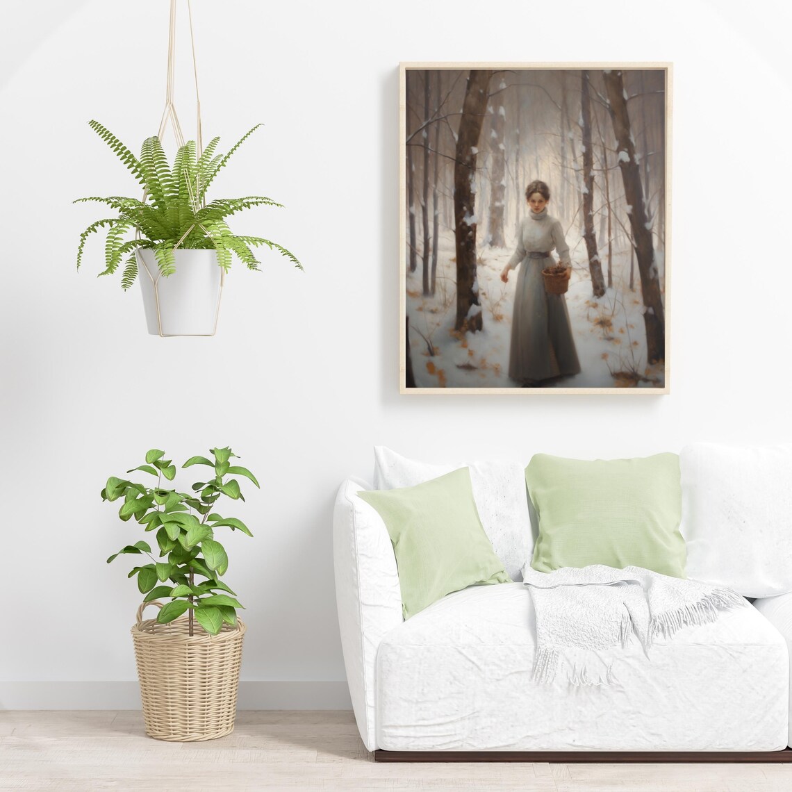 Woman Gathering in Snowy Winter Woods with Basket Painting Poster - Image 3