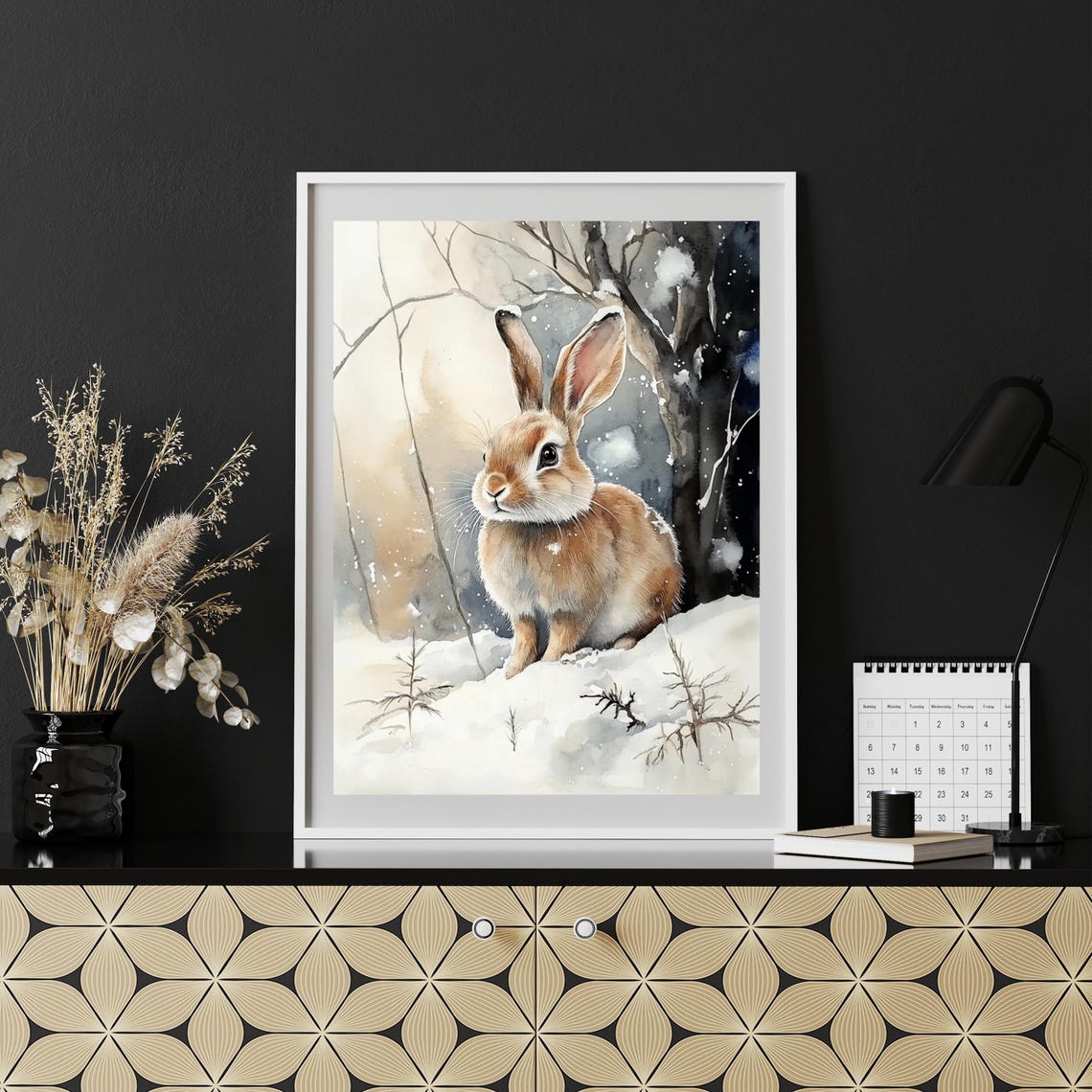 Winter Bunny Rabbit In Snowy Forest Rustic Watercolor Portrait Poster - Image 3