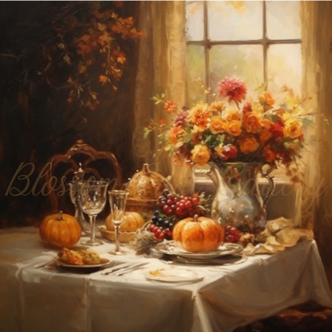 Autumn Harvest Dinner Table by Sunlit Window Still Life Poster - Image 2