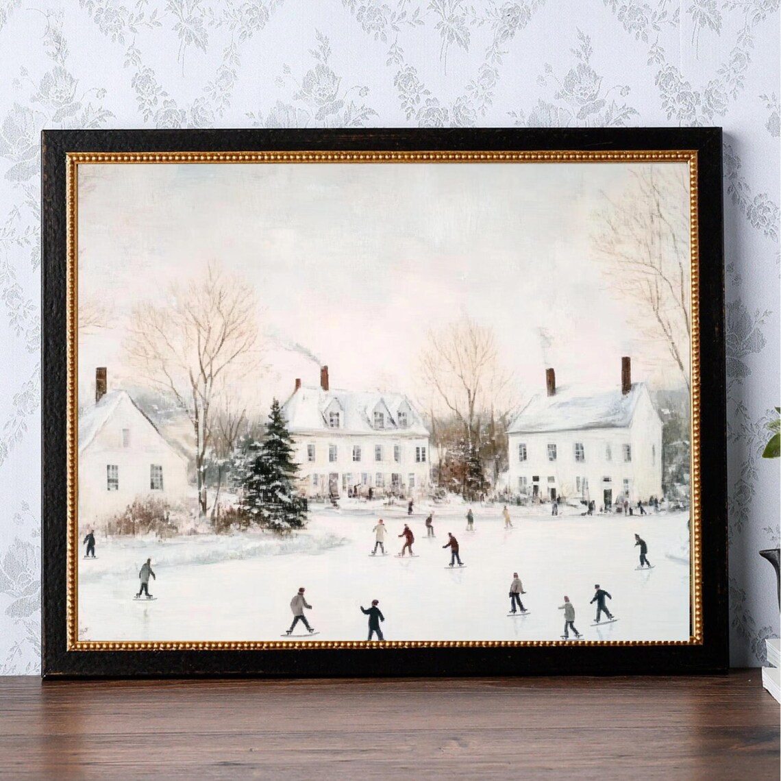 Village Ice Skating Pond Winter Scene Vintage Holiday Poster - Image 3