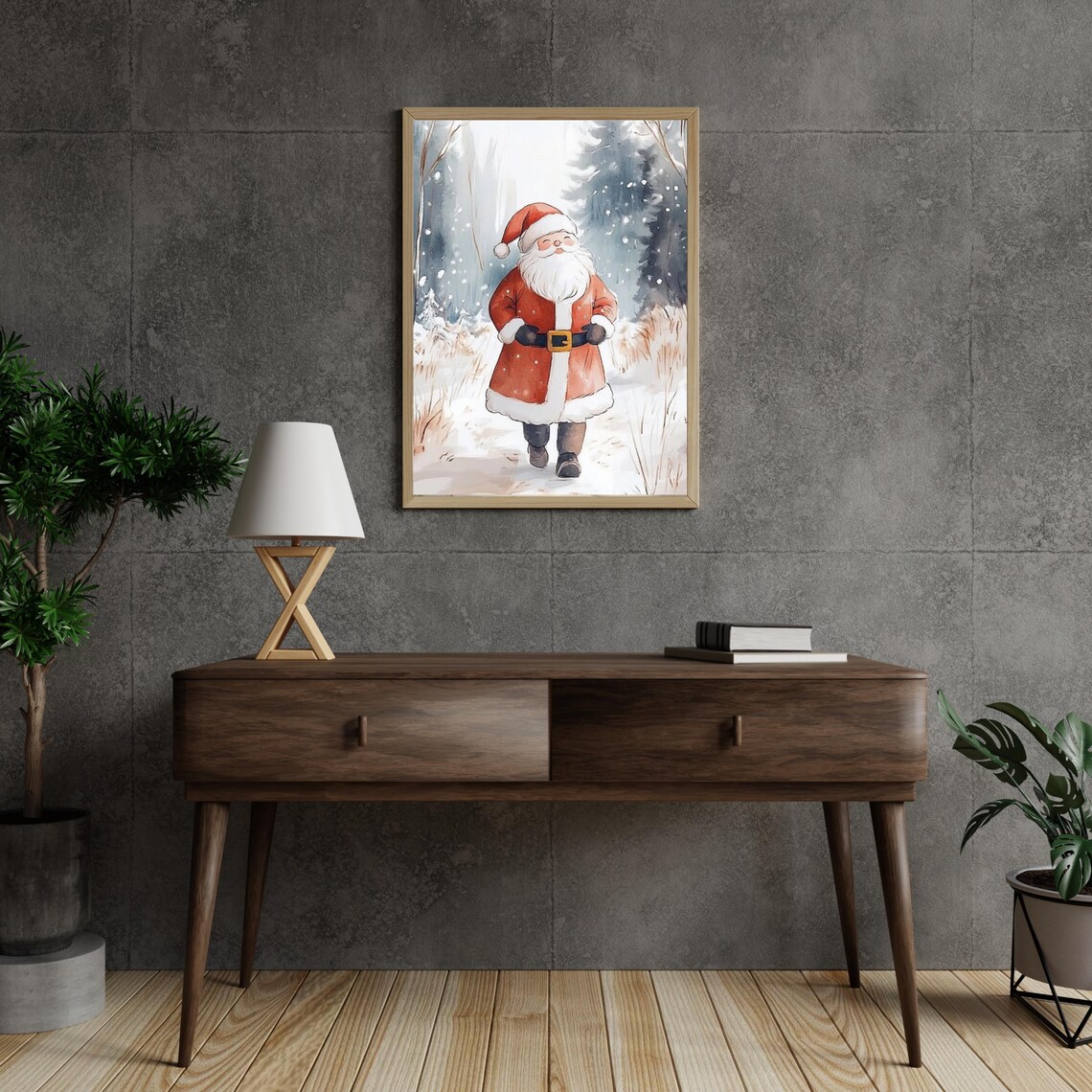 Cute Santa Claus Walking In Snowy Forest Watercolor Christmas Poster - Image 5