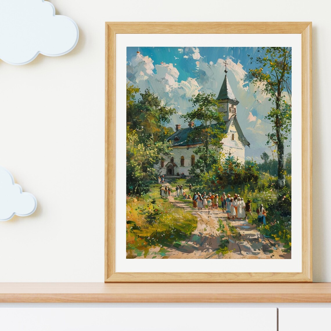 White Country Church Village Procession Summer Impressionist Poster - Image 4