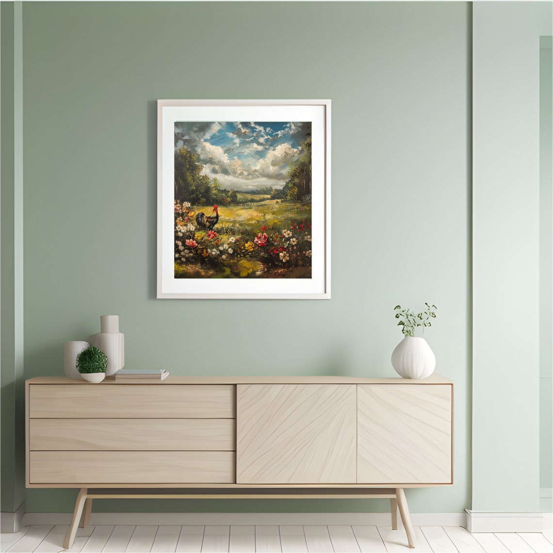 Rooster Wildflower Meadow Dramatic Cloudy Sky Country Art Poster - Image 3