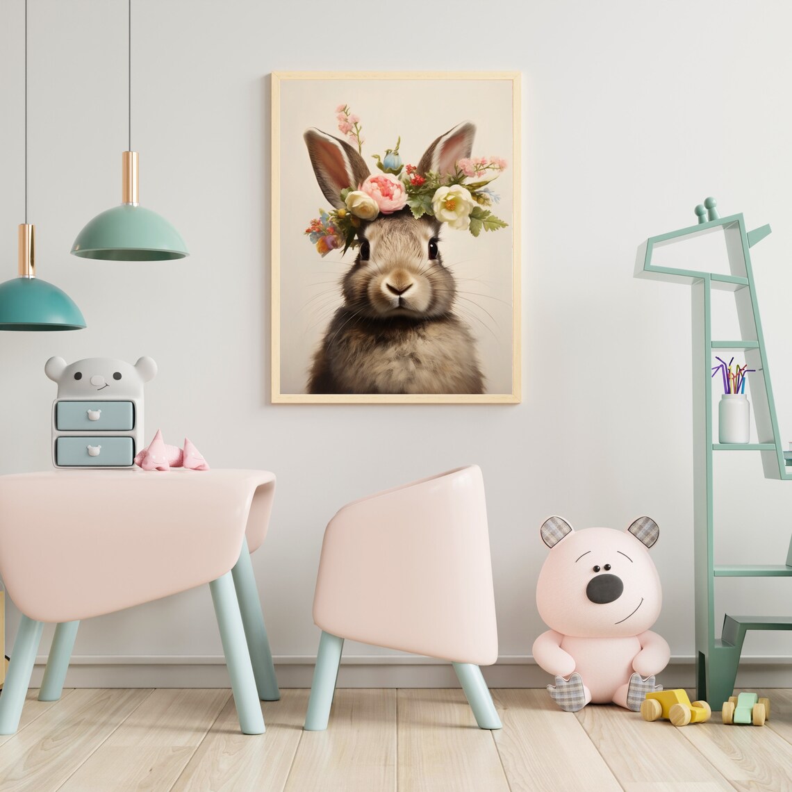Bunny Rabbit With Floral Crown Cream Nursery Watercolor Portrait Poster - Image 5