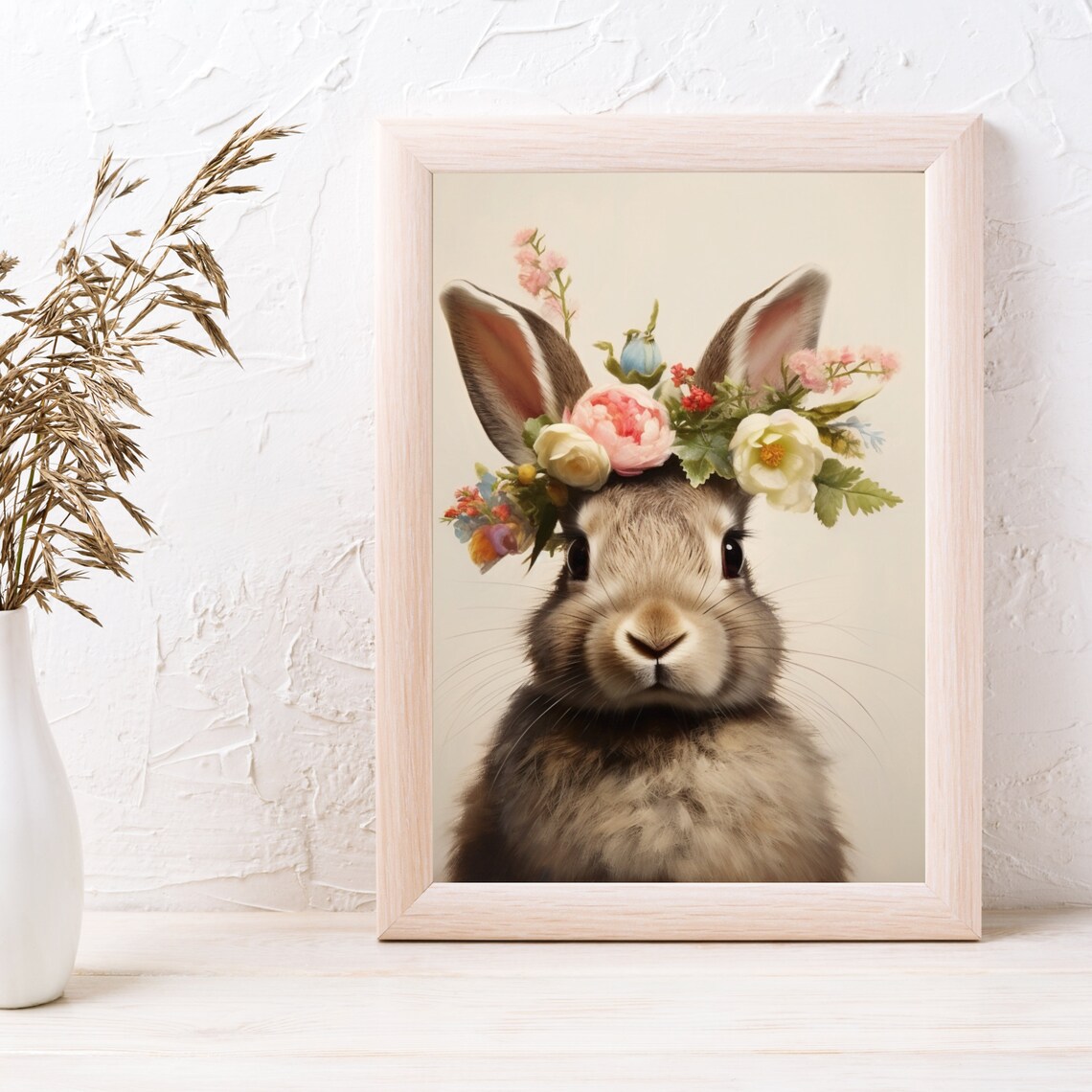 Bunny Rabbit With Floral Crown Cream Nursery Watercolor Portrait Poster - Image 4