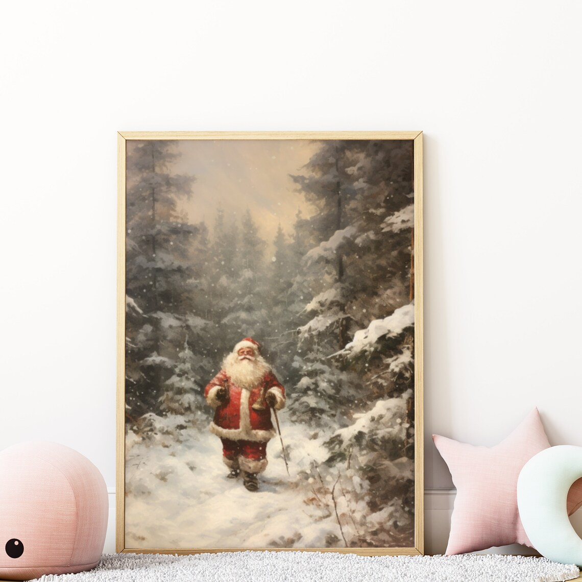 Santa Claus Snowy Forest Winter Walk Vintage Christmas Painting Poster - Image 6