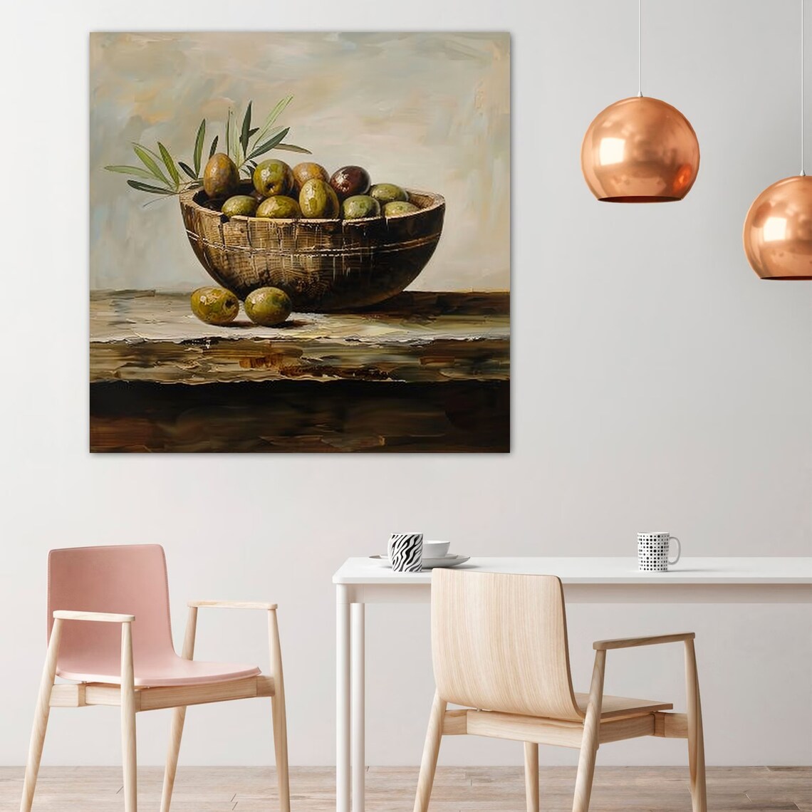 Rustic Wooden Bowl Of Green Olives With Olive Branches Print - Image 4
