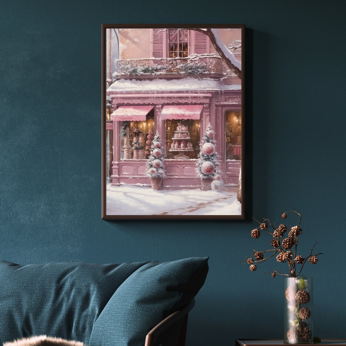 Pink Patisserie Snowy Christmas Street Winter Painting Poster - Image 5