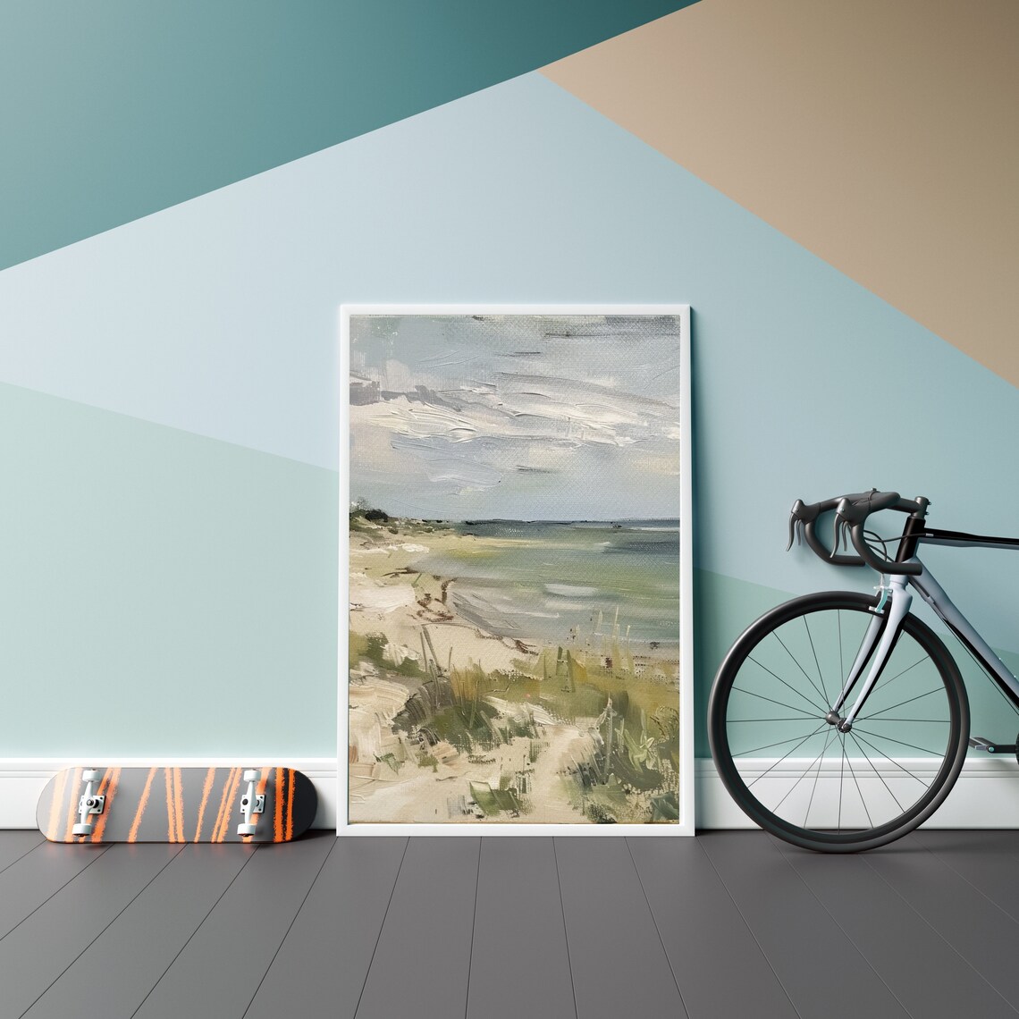 Serene Muted Coastal Dunes Seascape Calm Ocean Oil Painting Poster - Image 4