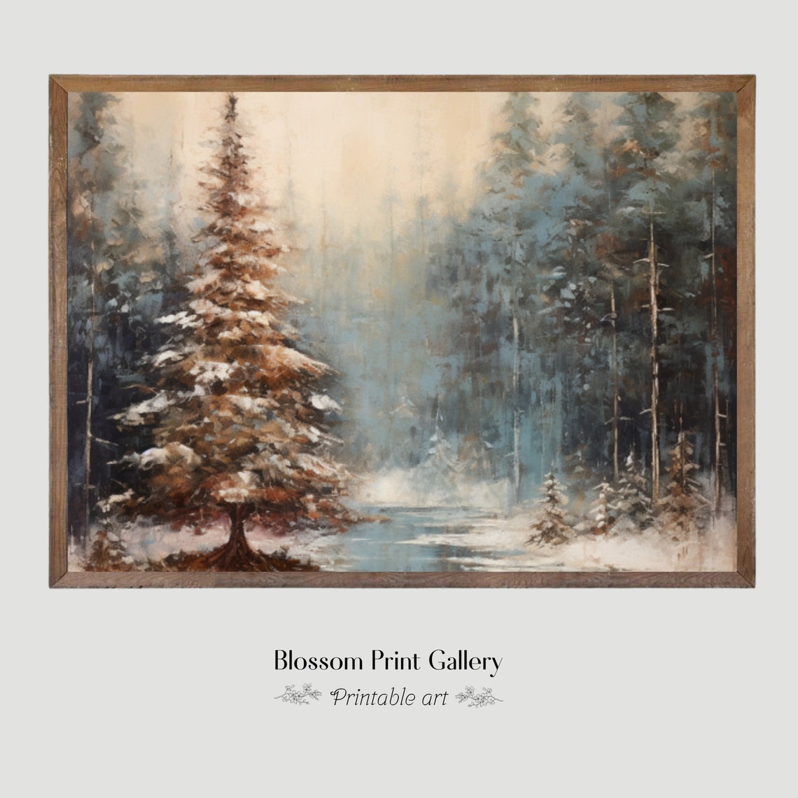 Snowy Evergreen in a Misty Winter Forest Moody Painting Poster - Image 4