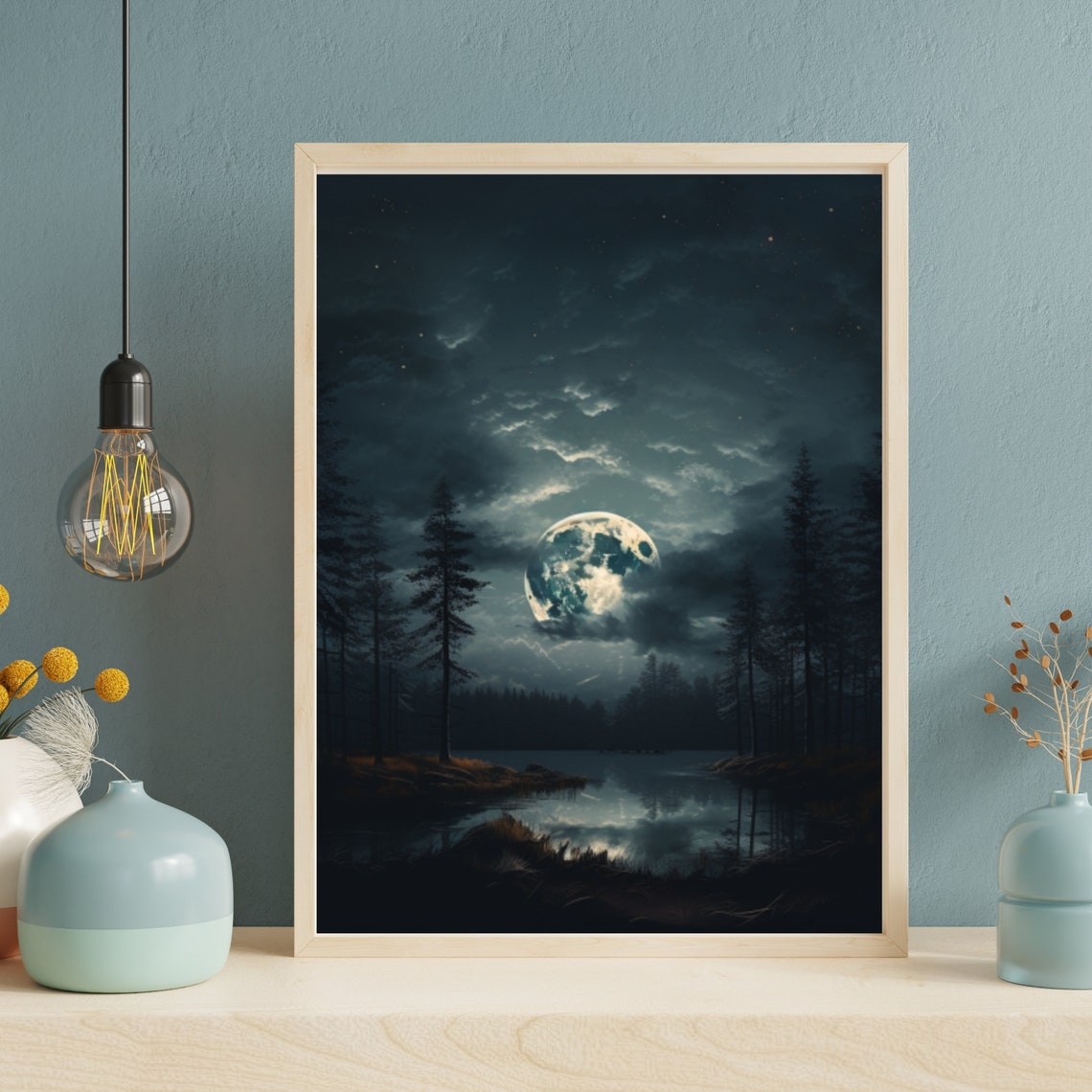 Full Moon Night Sky Forest Lake Moody Celestial Dark Landscape Poster - Image 4