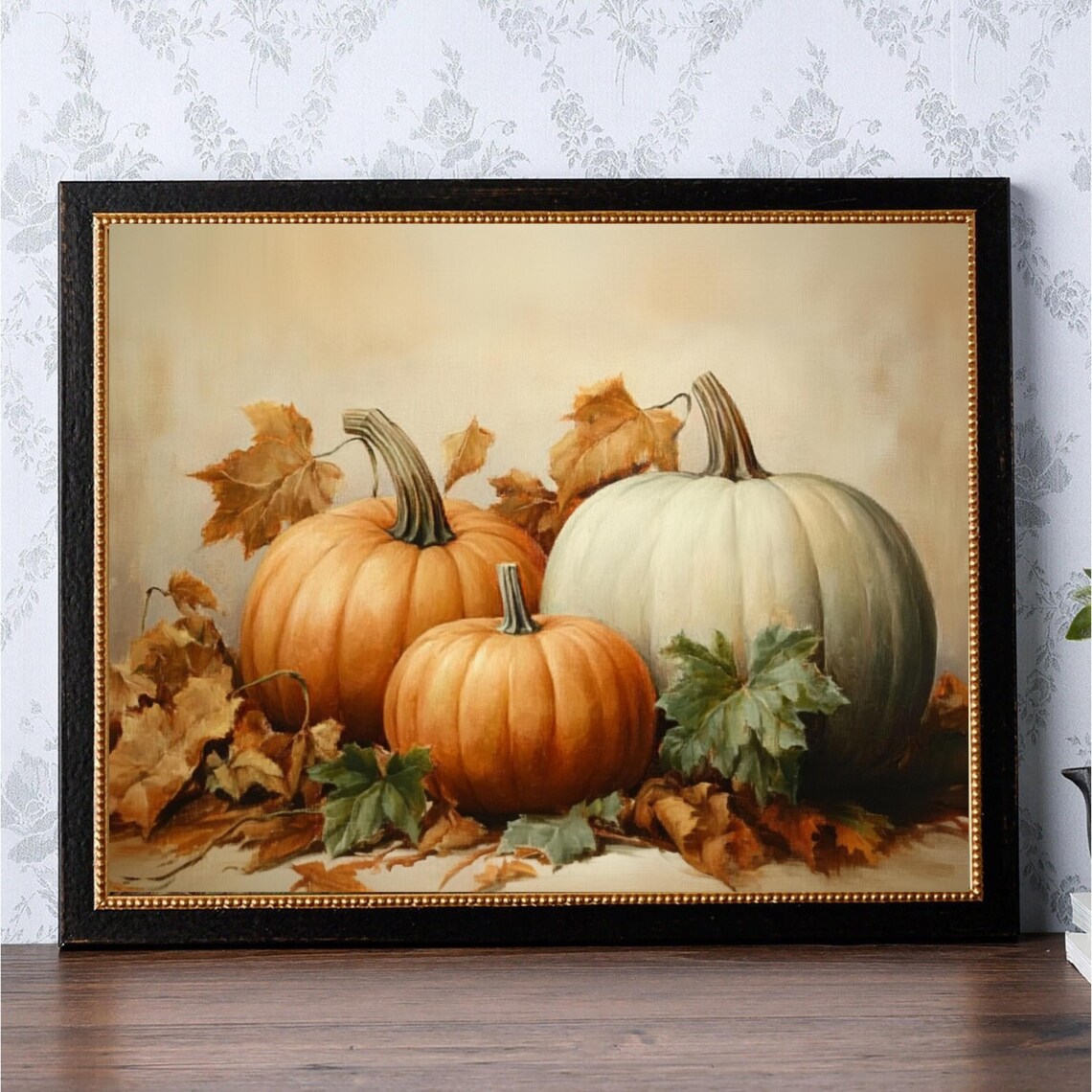 Orange And White Pumpkins With Fall Leaves Classic Still Life Art Poster - Image 2