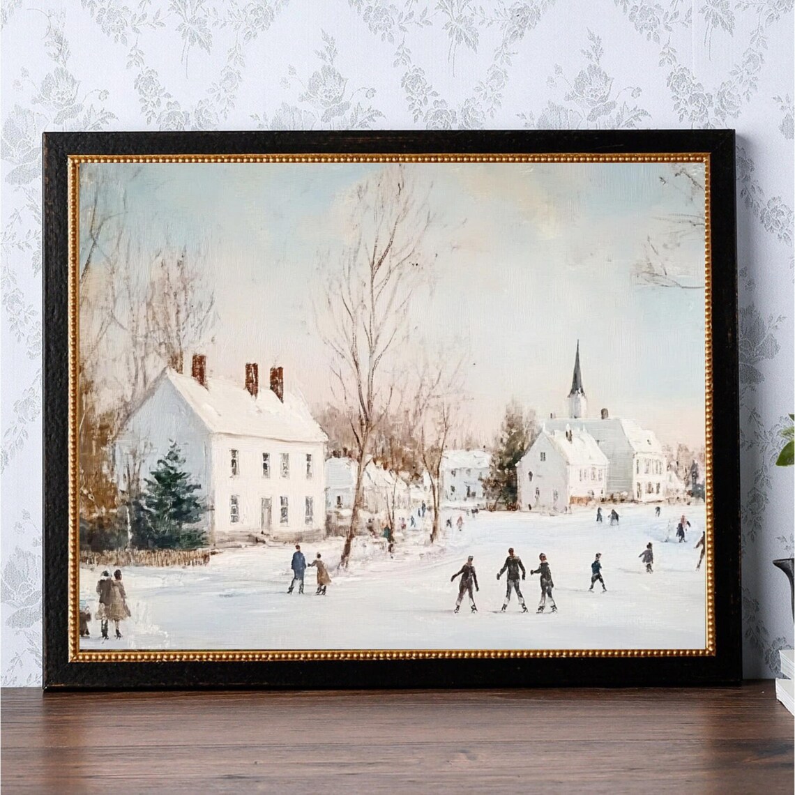 Snowy Village Church Ice Skaters On Frozen Pond Winter Scene Poster - Image 3