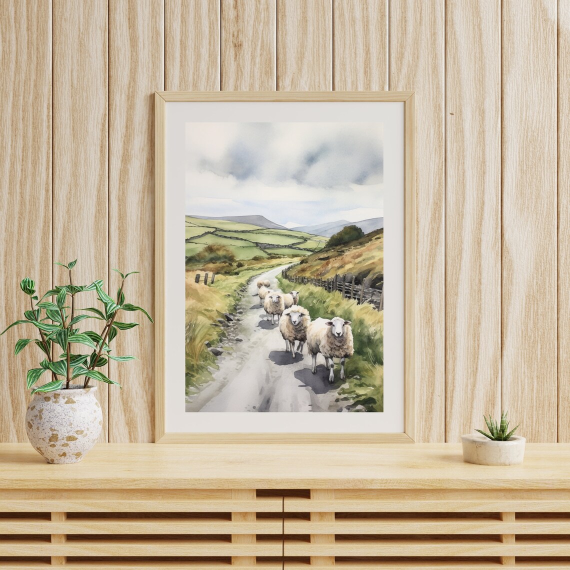 Flock of Sheep on Country Lane Green Hills Watercolor Painting Poster - Image 6