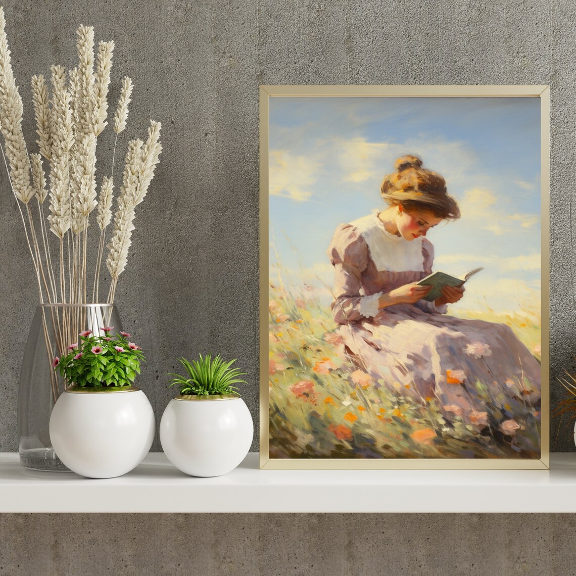Woman Reading Book In Sunny Wildflower Meadow Vintage Art Poster - Image 4