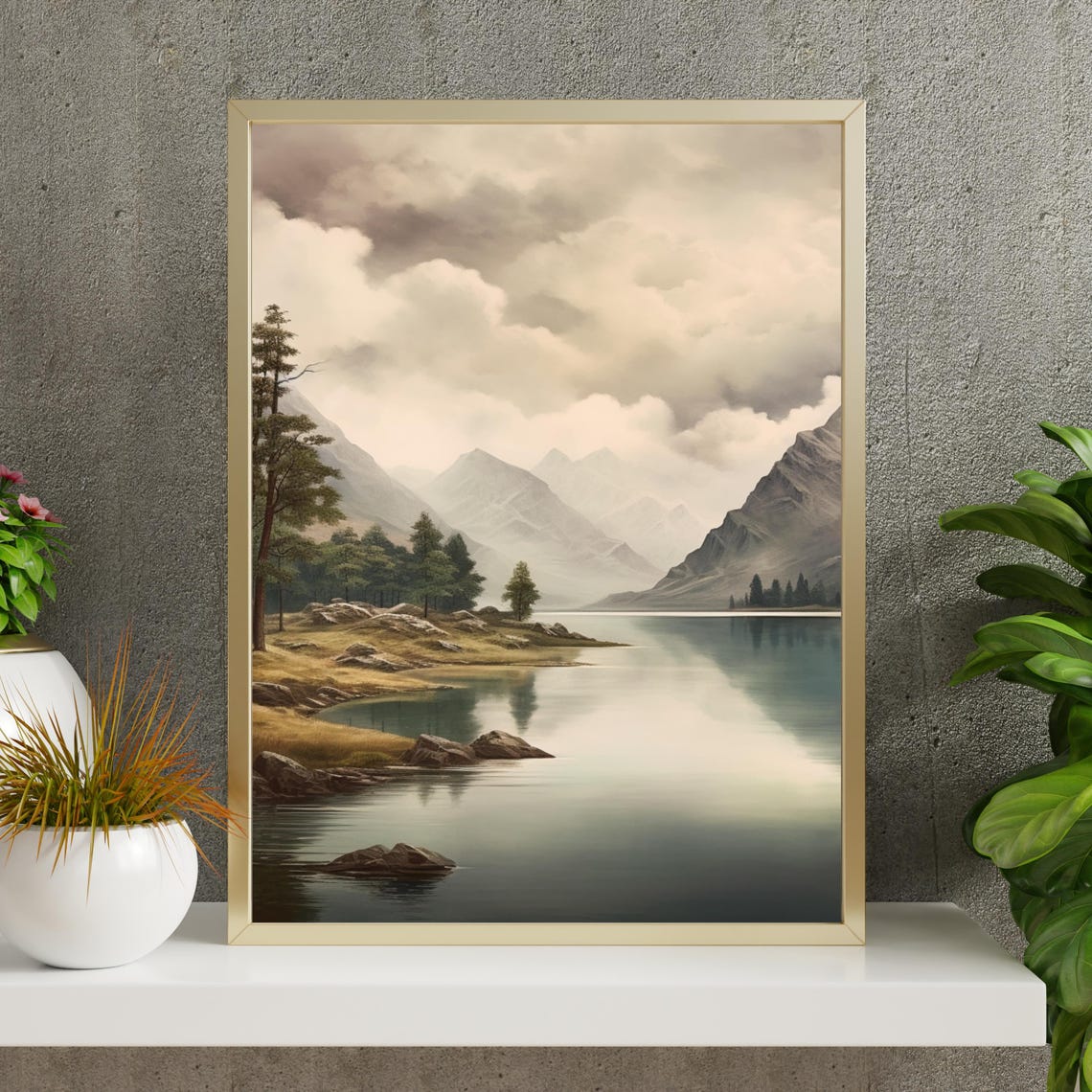 Moody Mountain Lake Under Cloudy Skies with Pine Trees Poster - Image 4