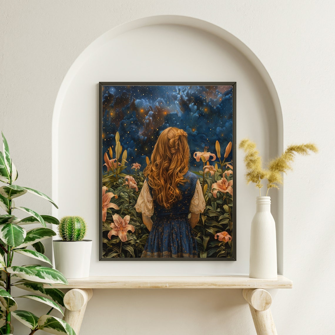 Dreamy Red Haired Girl Among Lilies Under Starry Night Poster - Image 2