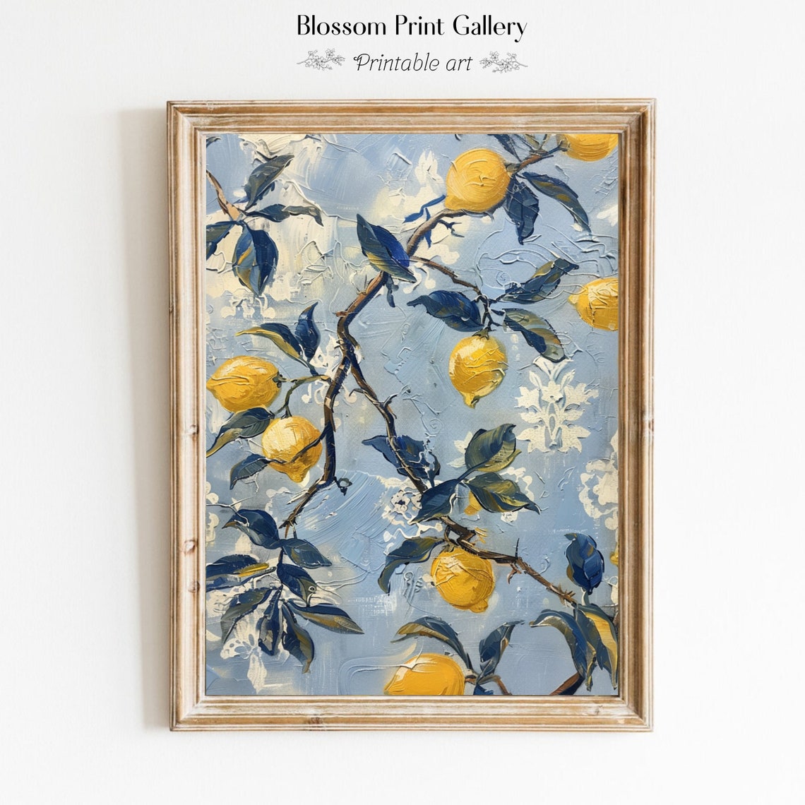 Yellow Lemon Branch with Blue Leaves Textured Oil Painting Poster