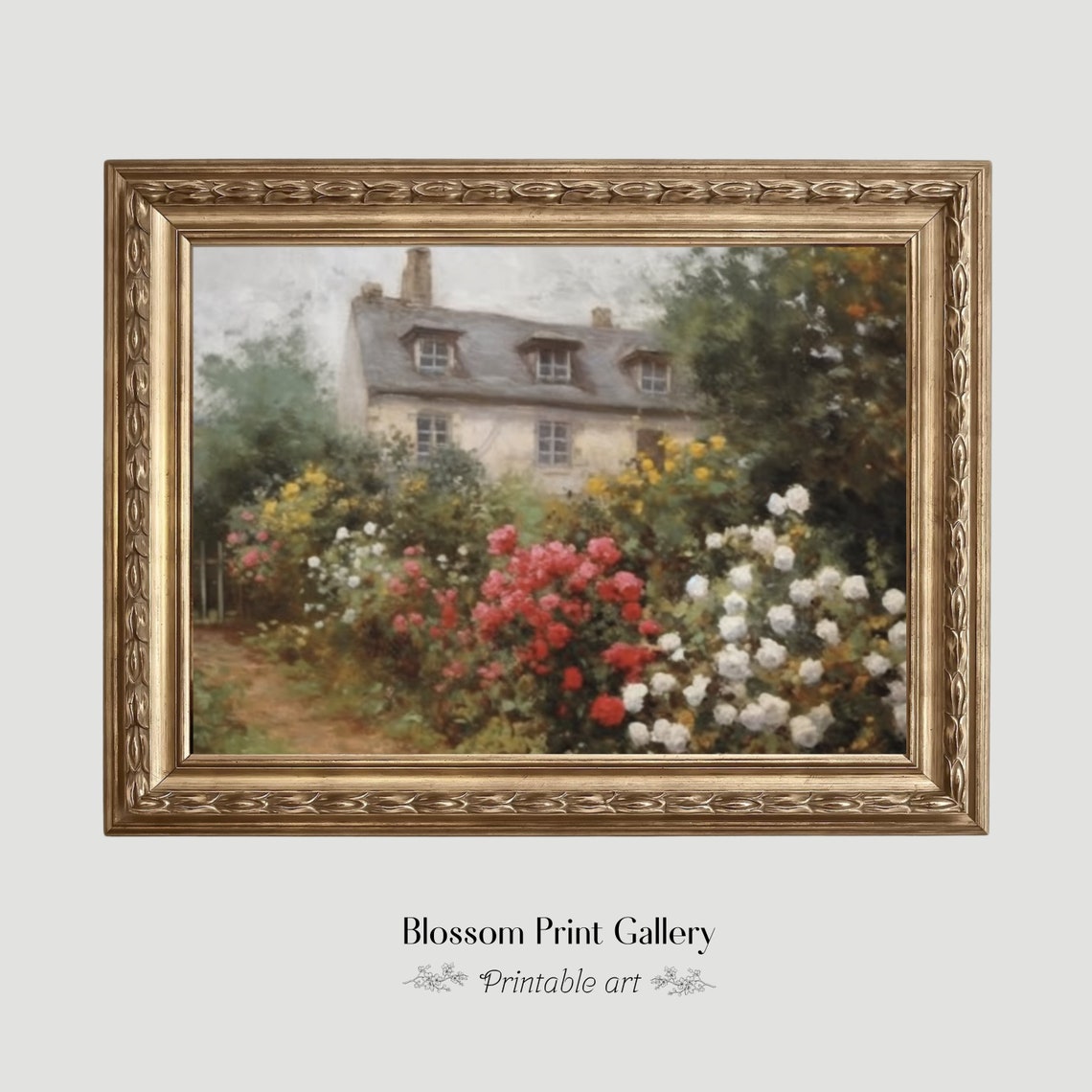 English Cottage Painting Rustic Cottage Garden Oil Painting Farmhouse Print Cottagecore Decor Wildflower Wall Art 593