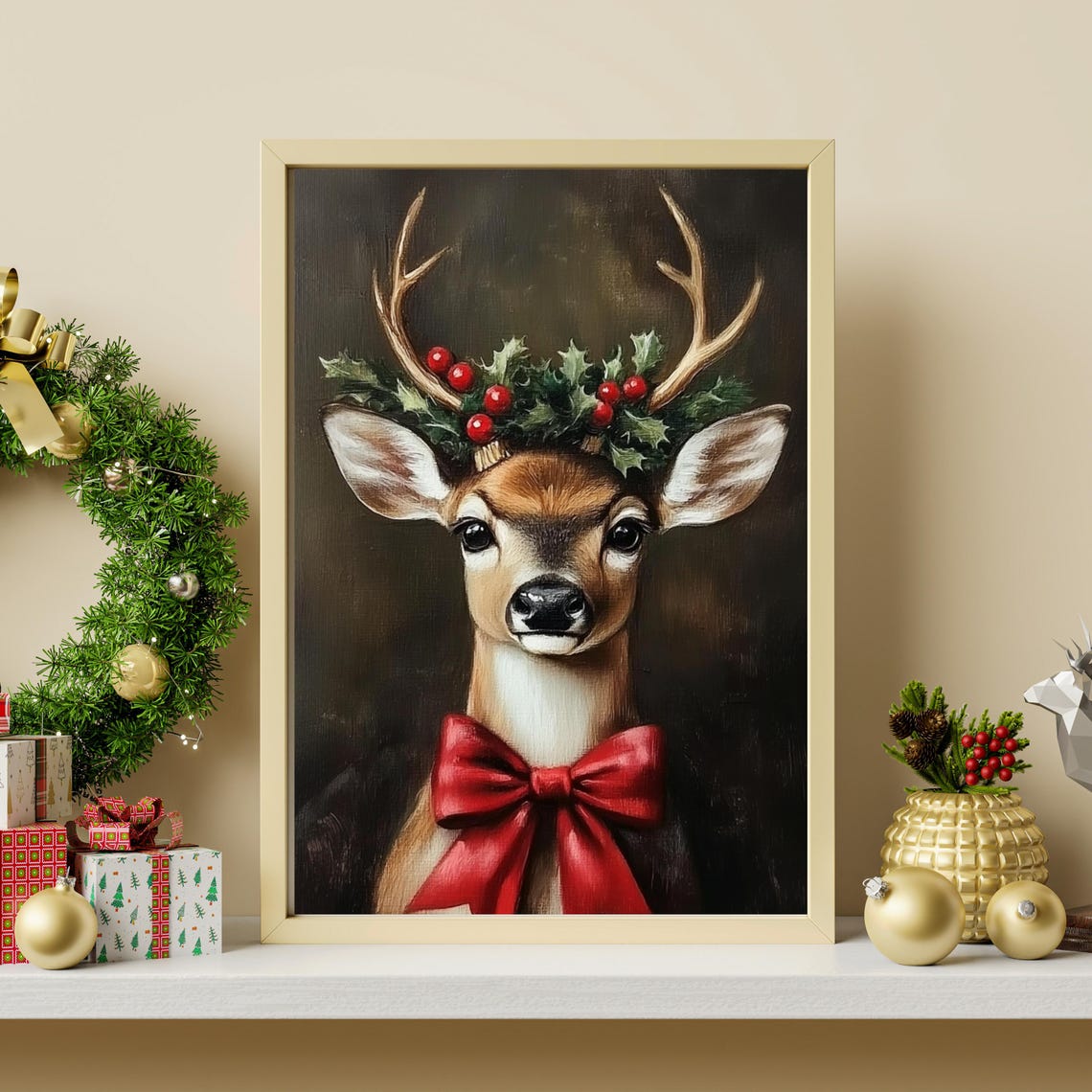 Festive Deer Portrait With Holly Crown And Red Bow Christmas Poster - Image 2