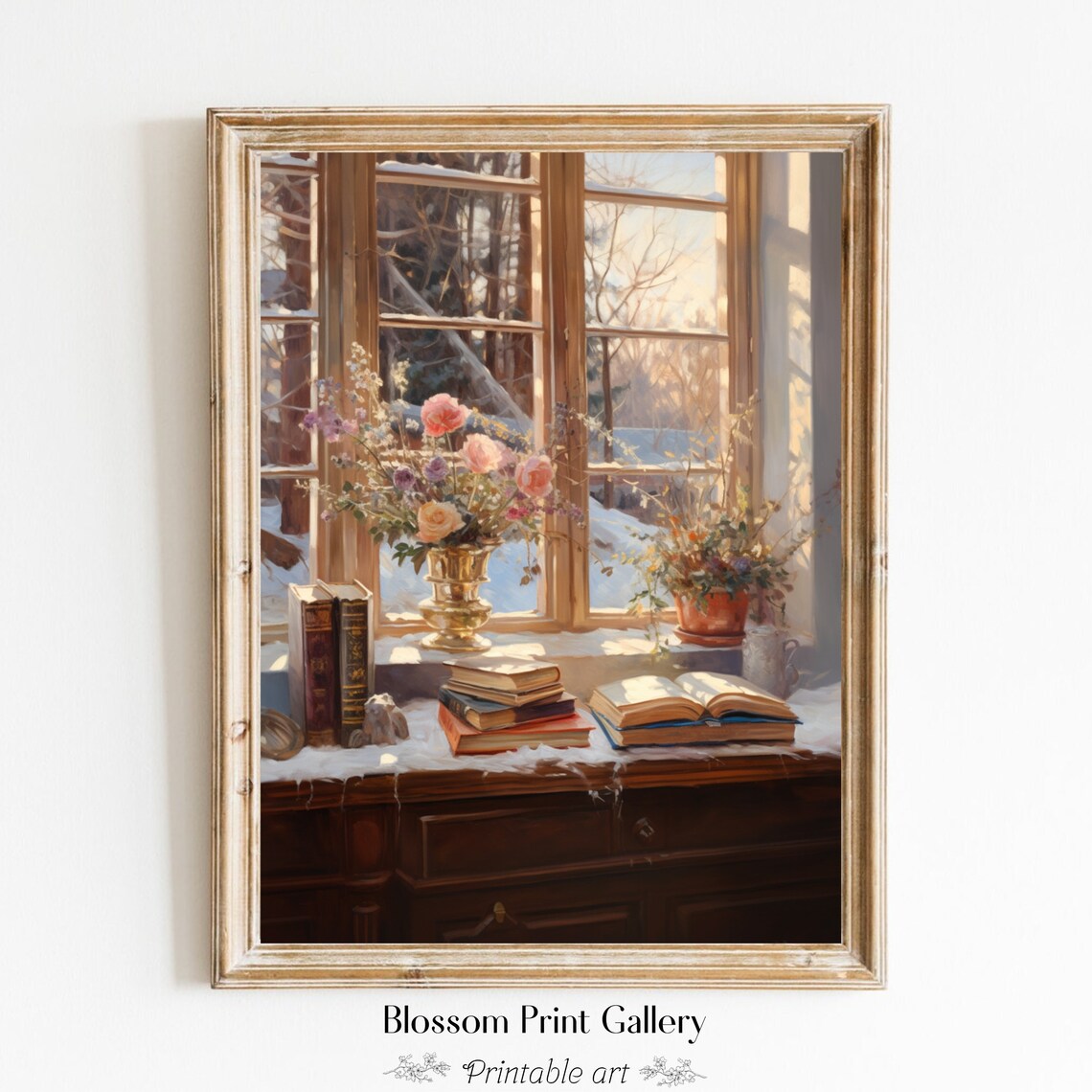 Winter Window Still Life With Books And Flowers Snowy Scene Poster