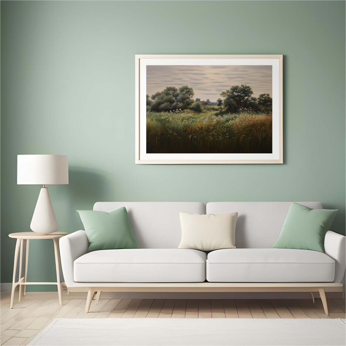 Green Meadow with Trees and Distant House Landscape Painting Poster - Image 4