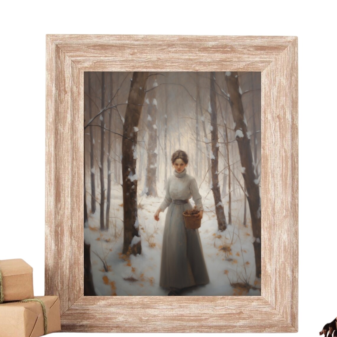 Woman Gathering in Snowy Winter Woods with Basket Painting Poster - Image 4