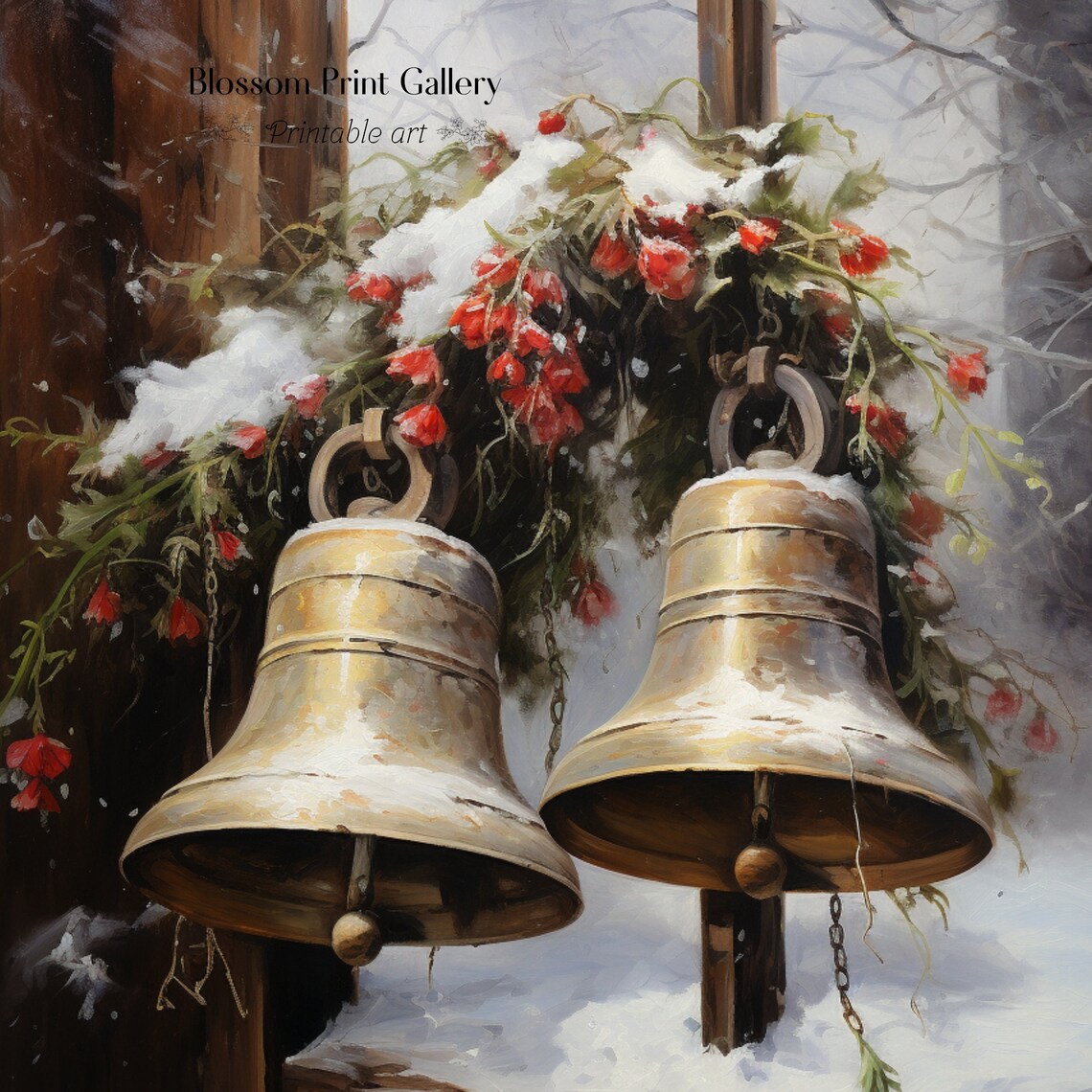 Brass Christmas Bells with Snow and Winterberries Painting Poster - Image 3