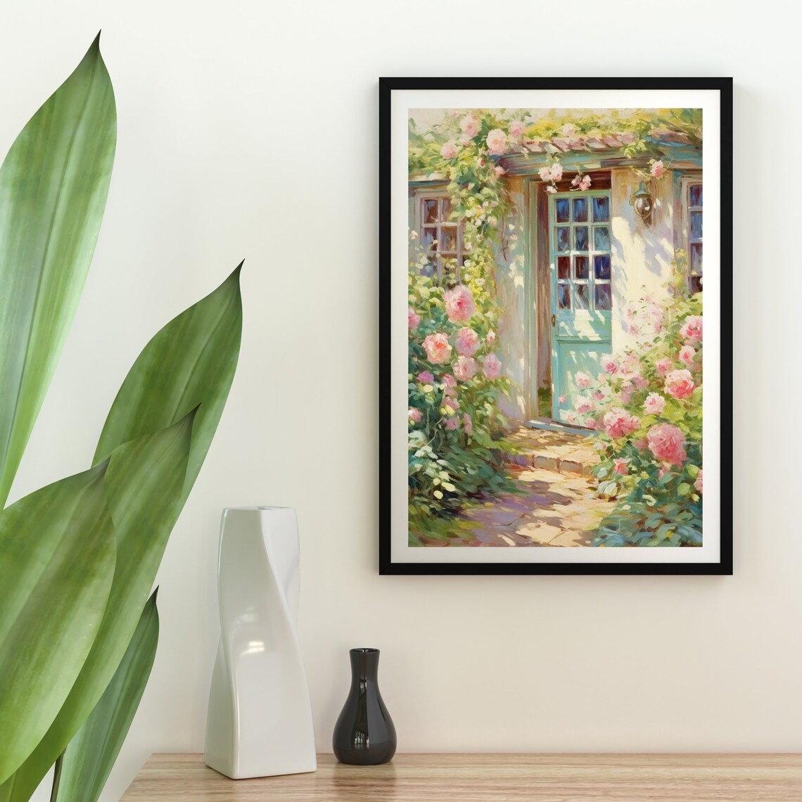 Spring Cottage Doorway with Climbing Pink Roses Painting Poster - Image 3