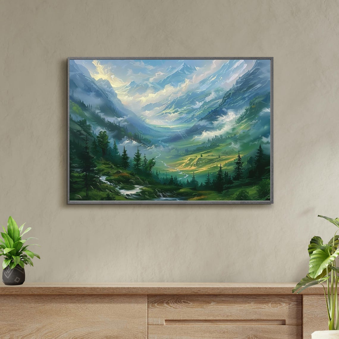 Misty Alpine Mountain Valley with Waterfall Landscape Painting Poster - Image 4